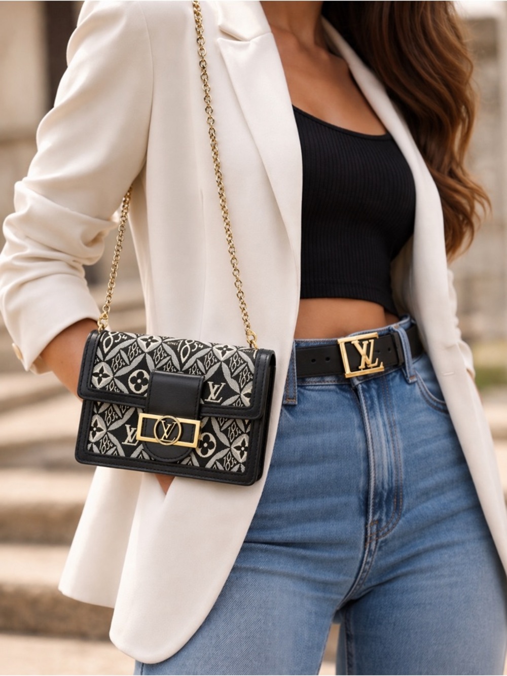 Louis Vuitton 1854 Dauphine Chain Wallet /Bag Black Ivory Jacquard LV Crossbody
